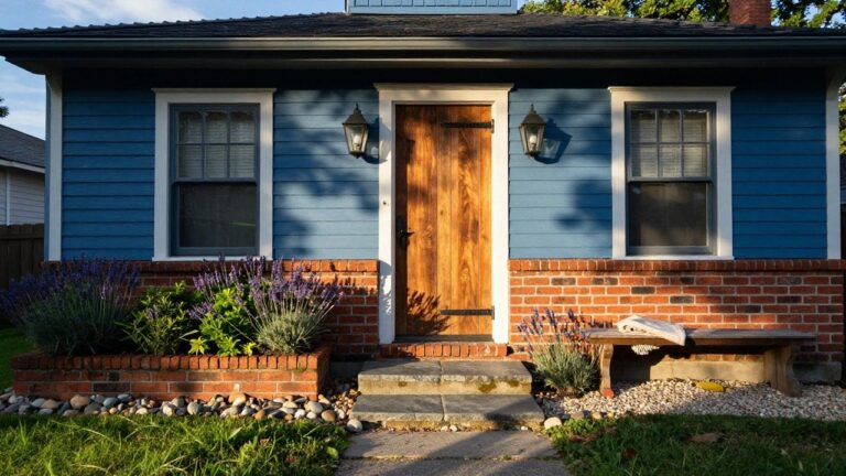 Front view of a two-story blue clapboard house with gable roof, wooden front door on a covered porch, red brick base, lanterns, and lavender plants bordering the concrete walkway.