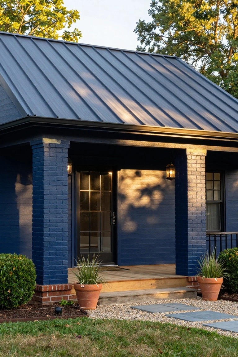 Front exterior of a small house with navy blue brick walls and columns supporting a covered porch, dark metal gable roof, glass panel front door, lantern lights, potted grasses, gravel ground cover, and surrounding trees and lawn.