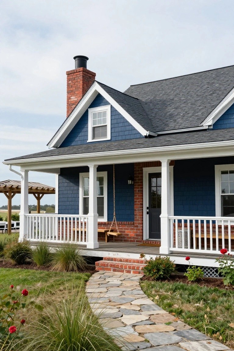 Navy blue shingle-style house exterior with red brick chimney and entry stoop, white porch with hanging swing, stone path, and ornamental grasses in the yard.