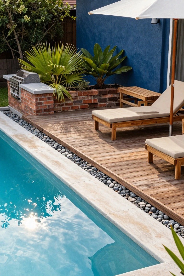 Rectangular blue pool with white stone coping and black pebble edging along a weathered wooden deck holding two beige cushioned lounge chairs under a white market umbrella, brick barbecue grill with potted fan palms, and blue stucco wall backdrop.