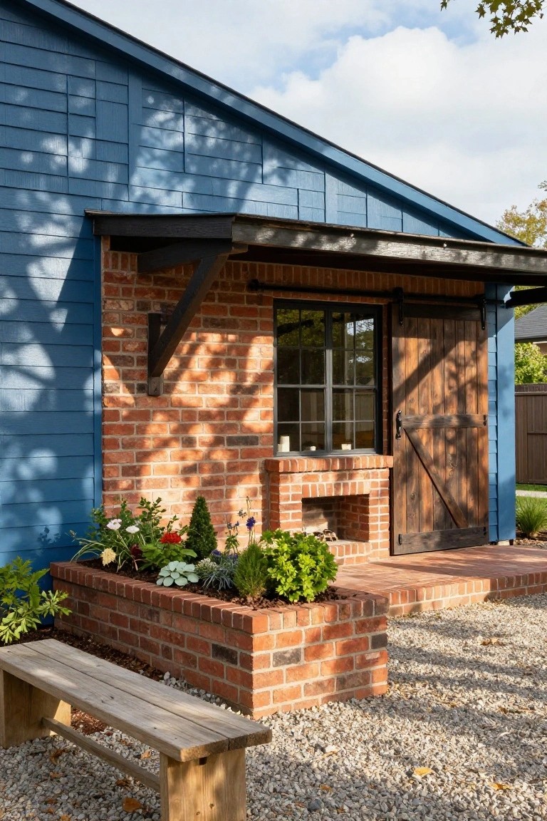 Side exterior of a blue shiplap house with a brick planter box filled with plants and flowers, a large wooden sliding barn door, a multi-pane window, brick steps, and a wooden bench on gravel ground.