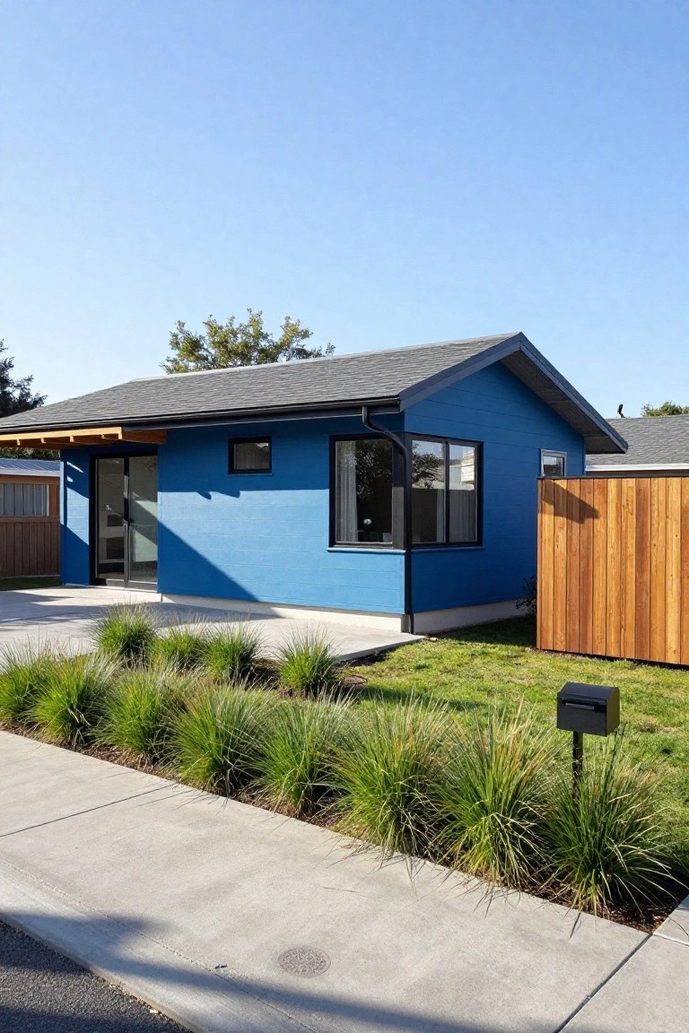 A small blue house with gray shingled gable roof, wooden entry canopy, sliding glass door, front landscaping with grasses, wooden fence, and black mailbox on a concrete sidewalk.