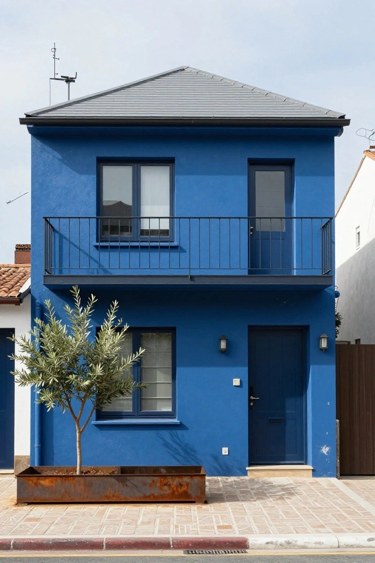 Two-story house with bright blue walls, gray slate roof, black metal balcony on upper level, dark blue front door, window beside olive tree in rusty metal planter, and tiled path in front.