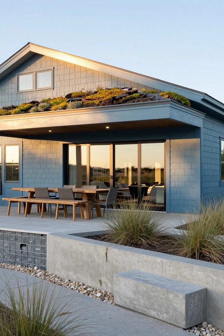 Blue shingle-sided house with a green planted roof, covered porch area featuring a wooden dining table and chairs behind sliding glass doors, concrete retaining wall with grasses, pebble path, and concrete bench.