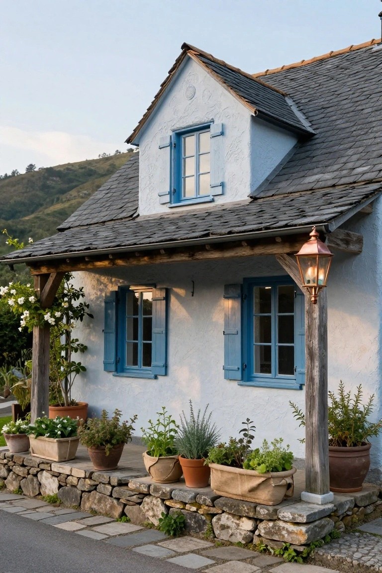 White stucco cottage house with blue shutters and windows, dark gray slate roof, rustic wooden porch with copper lantern, potted plants on stone wall base, and hillside background.