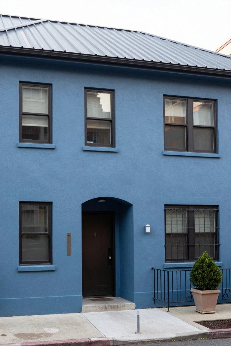 Two-story blue stucco house with gray standing-seam metal roof, black window frames, arched entry with dark wood door, wrought iron grilles on lower windows, and potted shrub next to metal railing on sidewalk.