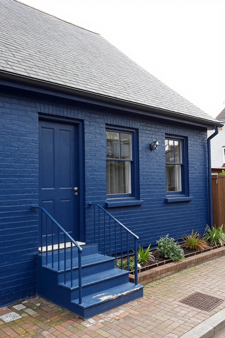 Side view of a deep blue painted brick house with gray slate roof, blue front door with steps and railing, two windows, and a narrow garden bed with plants along the base.