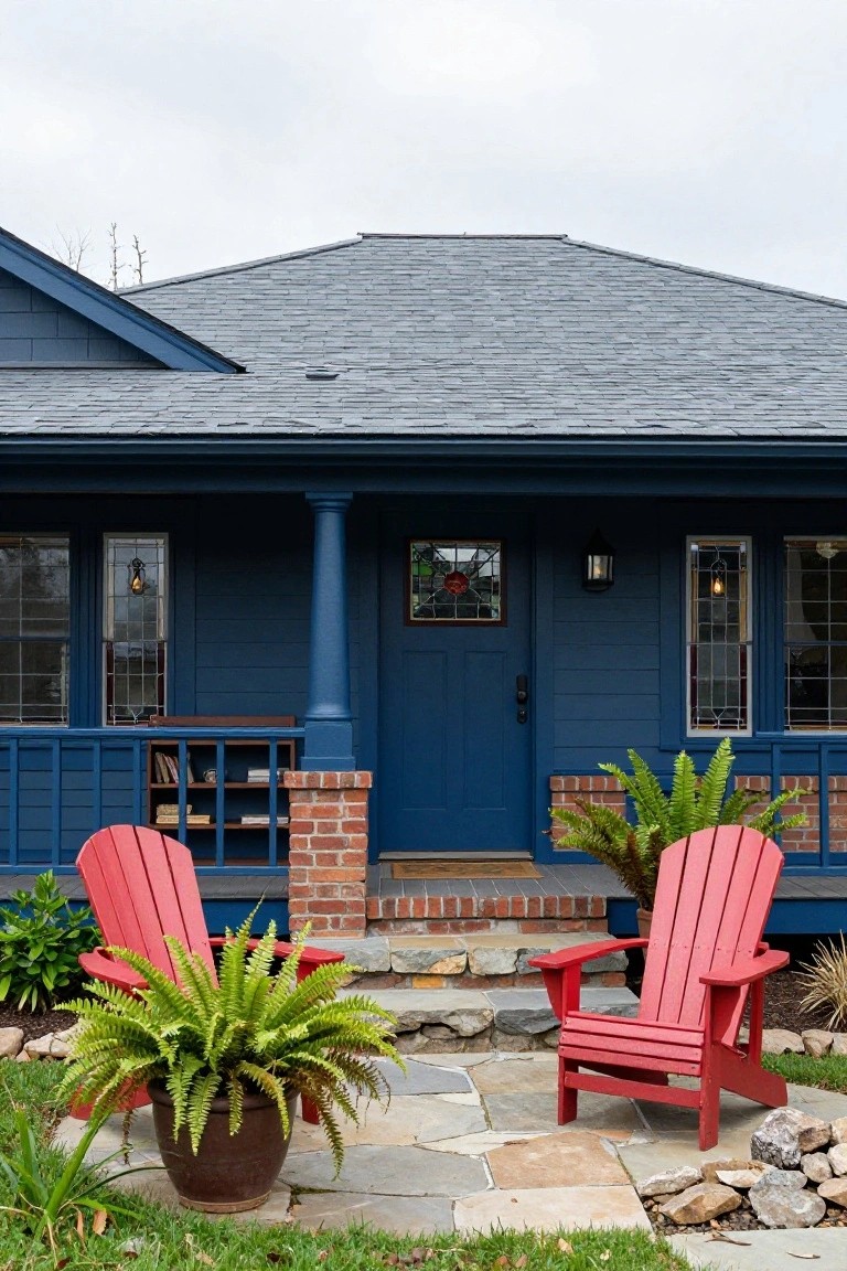 Navy blue clapboard house with gray shingle roof and brick foundation, front porch featuring two red Adirondack chairs with potted ferns, stained glass side windows and door, column support, and flagstone steps.