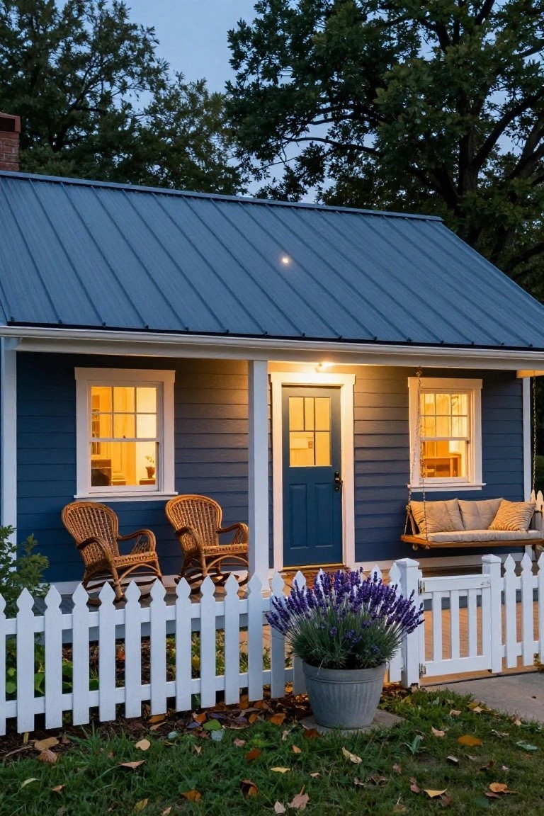 Small clapboard house painted navy blue with gray metal roof, white-trimmed windows and door, porch with wicker chairs and swing, white picket fence, potted lavender, and surrounding trees at dusk.