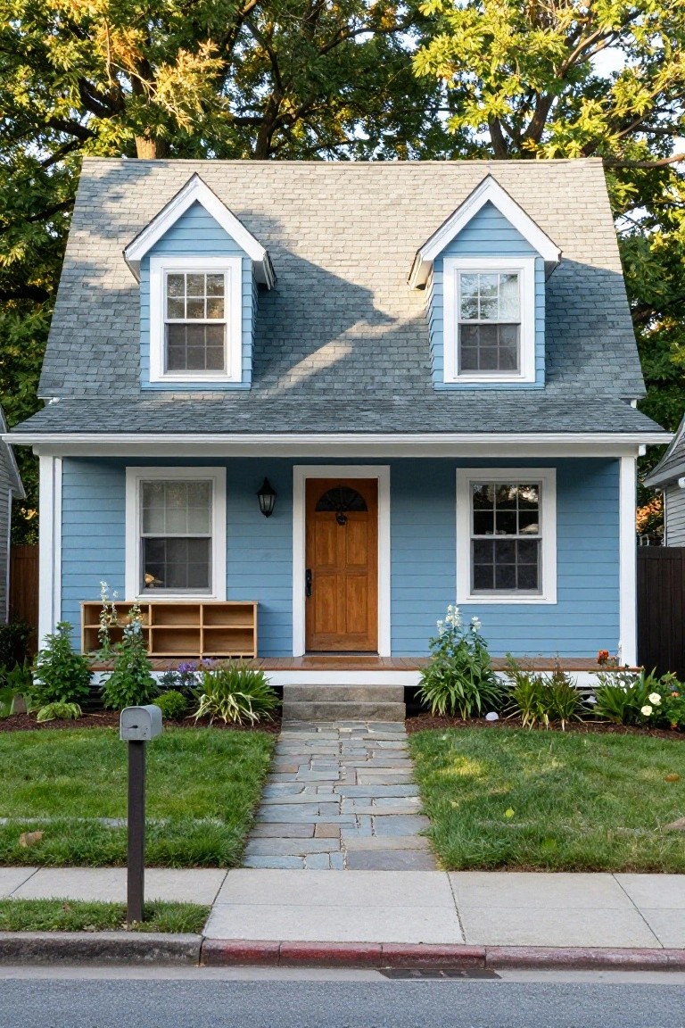 Blue clapboard house with gray shingled gable roof and dormer window, white trim, wooden arched front door with lantern light, small porch shelf, plants and flowers, stone walkway, lawn, mailbox, and trees in background.