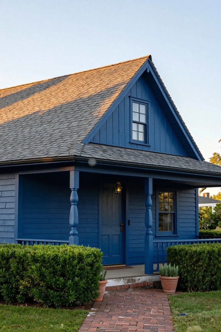 Navy blue clapboard house with gray shingle roof, covered front porch featuring turned columns and lantern light, brick walkway, boxwood shrubs, and potted plants.