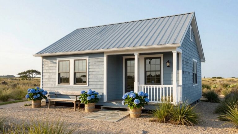 Gray shingled house with gray metal roof and white porch columns, featuring a wooden bench on the deck, large blue hydrangea plants in basket pots flanking the steps, gravel path, and dune grass in the background.