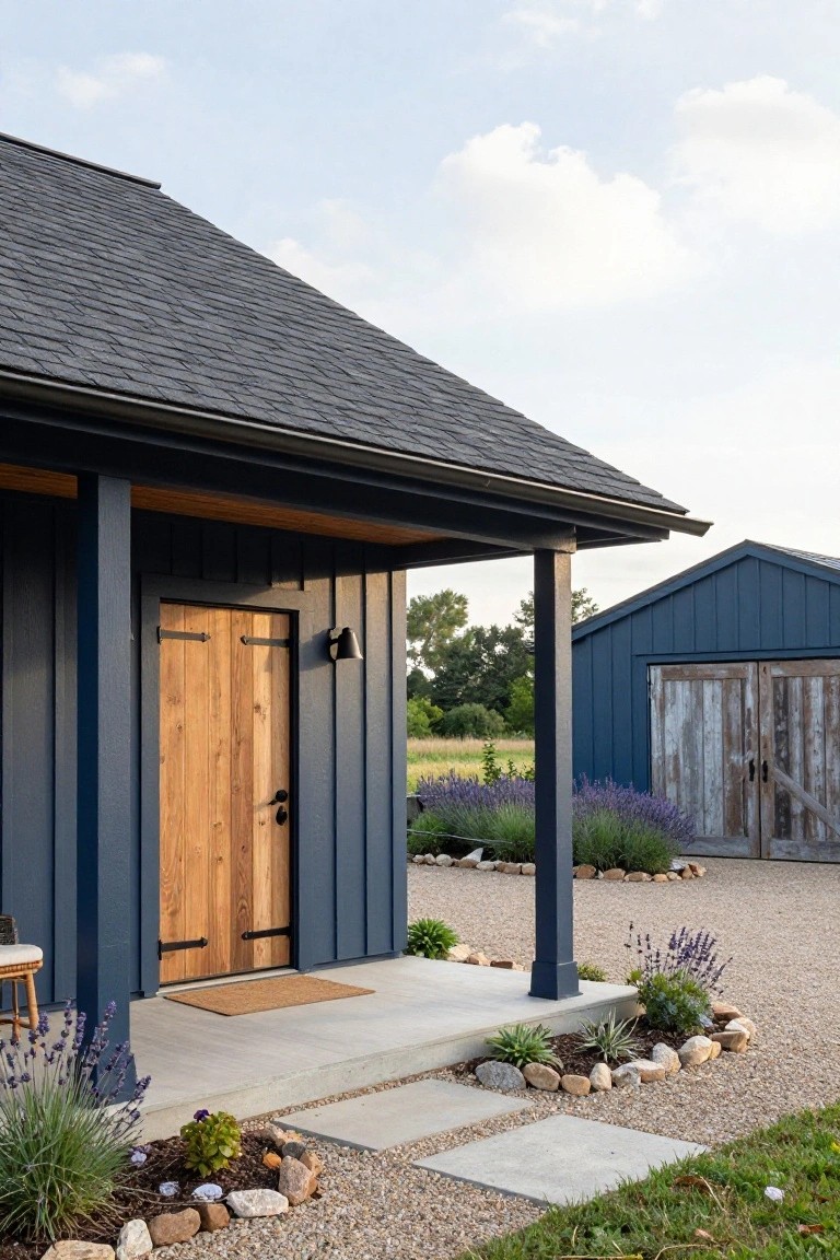 Navy blue board-and-batten siding on a small guest house with dark gray shingle roof, wooden front door with black hinges, covered porch, gravel yard, lavender plants, and a blue shed in the background.