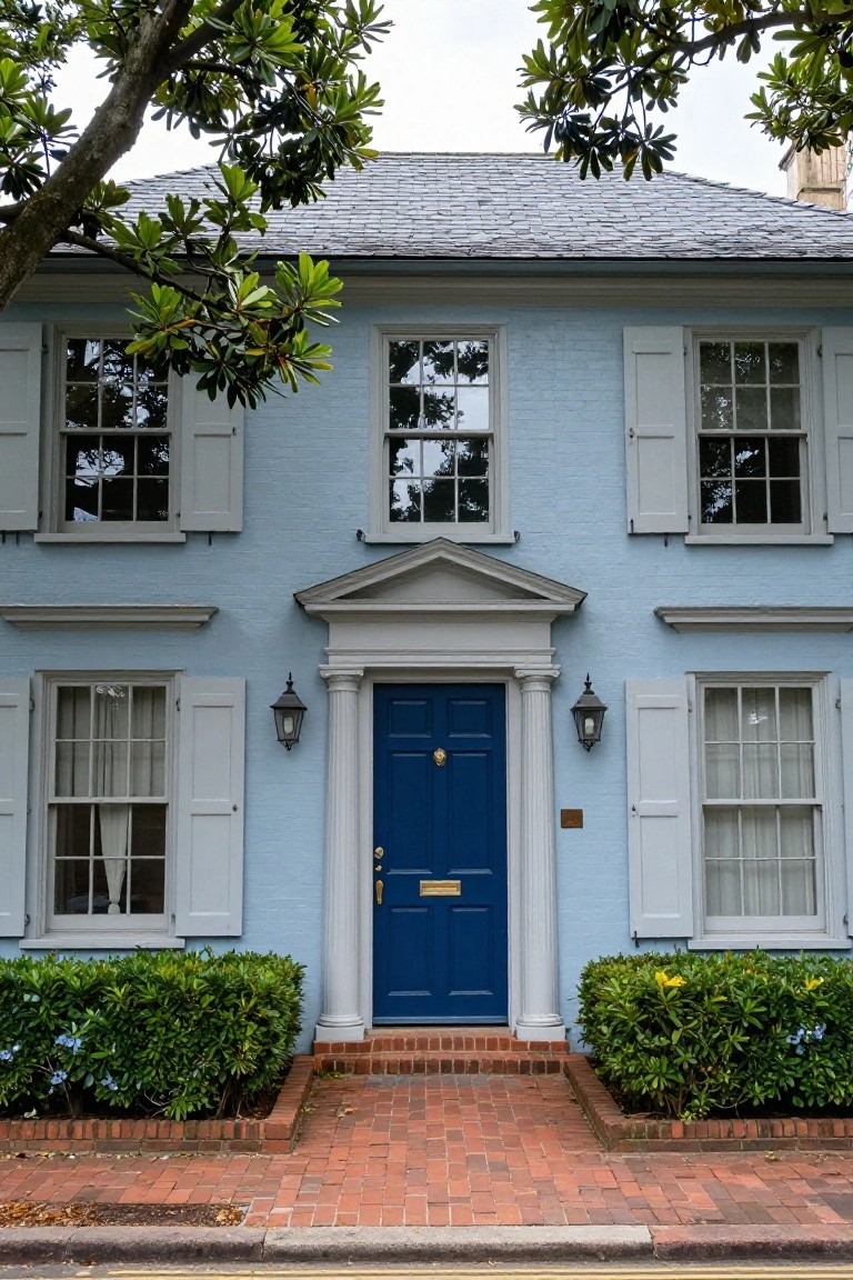 Light blue two-story house with white shutters and multi-pane windows, centered navy blue front door under a white pediment supported by columns, flanked by lanterns and boxwood shrubs, gray shingle roof, brick walkway, and overhanging tree branches.
