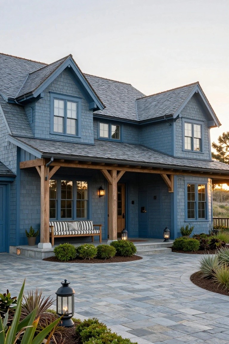 Two-story blue shingled house with gray shingle roof, wooden timber porch with bench and lanterns, boxwood shrubs, agave plants, and curved gray paver driveway.