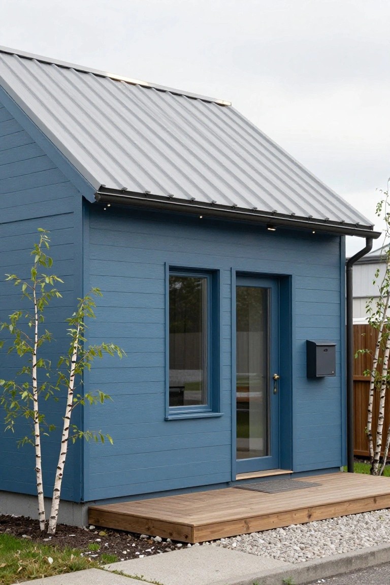 Small blue vertical board-and-batten house with gray standing-seam metal roof, featuring a front glass door, single window, wooden entry deck, mailbox, birch trees, gravel bed, and concrete path.