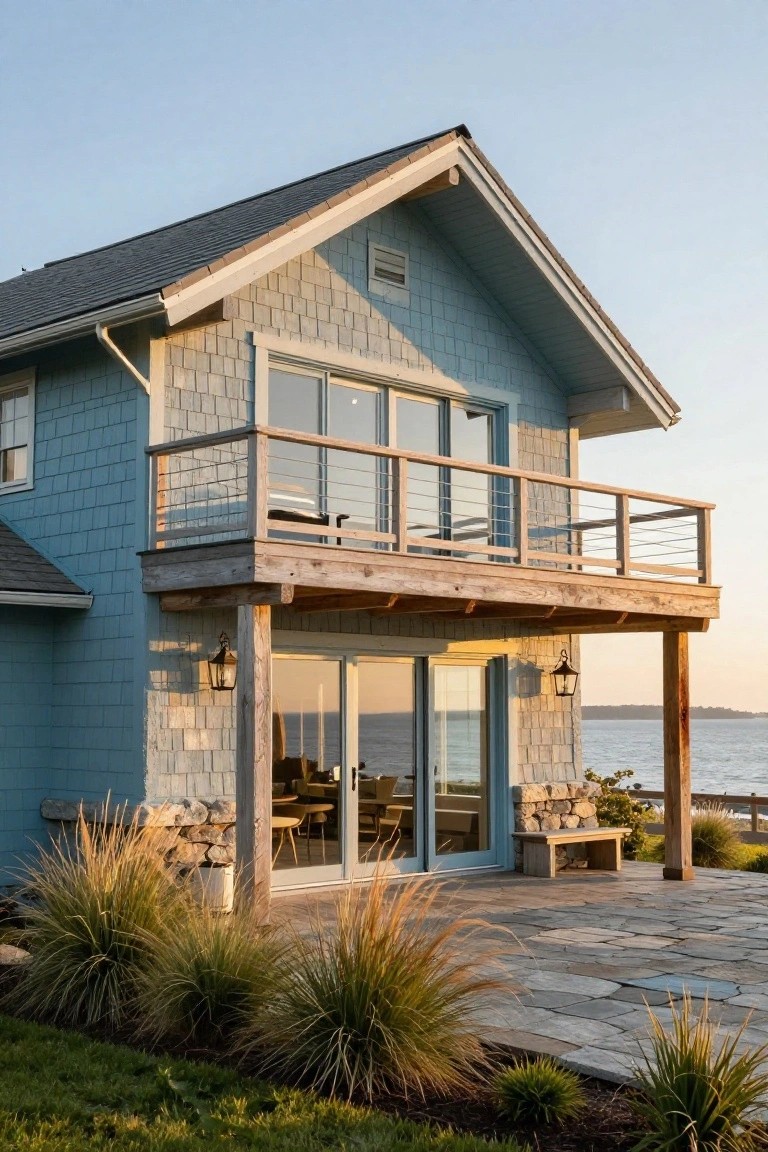 Side view of a light blue shingled two-story house with dark gray roof, wooden balcony and deck overlooking the ocean, stone pavers, grasses, and lanterns at dusk.