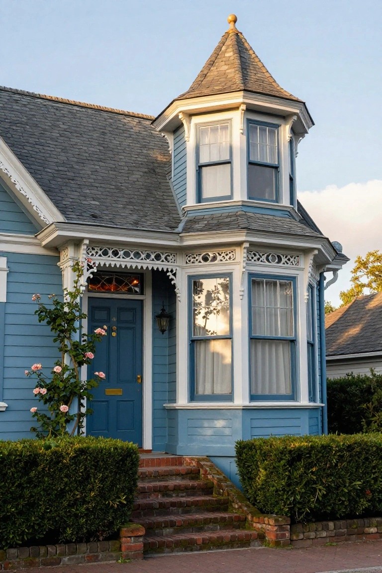 Blue Victorian house exterior with gray shingled roof, corner turret, ornate white trim, tall narrow windows, blue front door, climbing pink roses, lantern light, brick steps, and clipped green hedges.