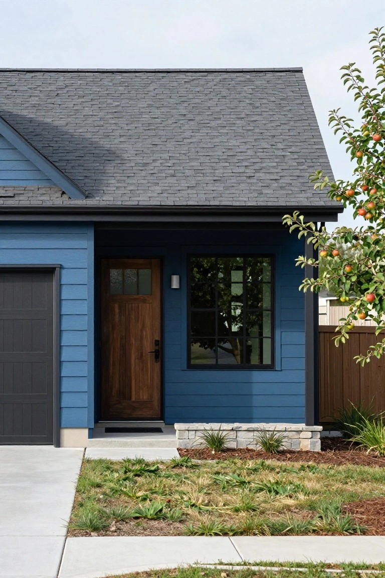 Blue clapboard house exterior with dark gray shingle roof, wooden entry door with glass inserts, attached dark garage door, large window, and nearby apple tree with fence.