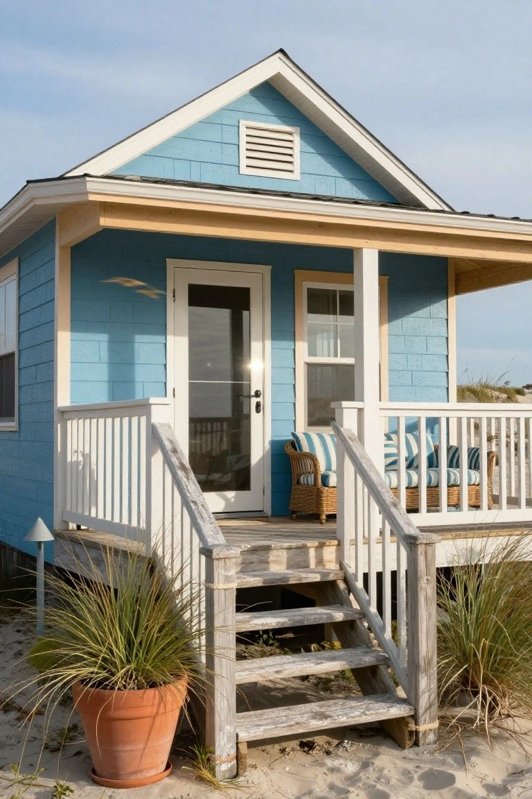 Small blue clapboard beach house with gabled roof and tan porch overhang, white railings, glass front door, wicker sofa with blue-white striped cushions, weathered wooden stairs on sand with potted sea oats plants nearby.