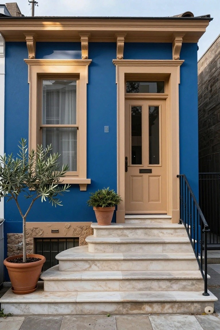 Narrow two-story blue house with tan trim framing the windows and front door, white marble steps curving up to a black metal railing, and terracotta pots with olive trees on either side.