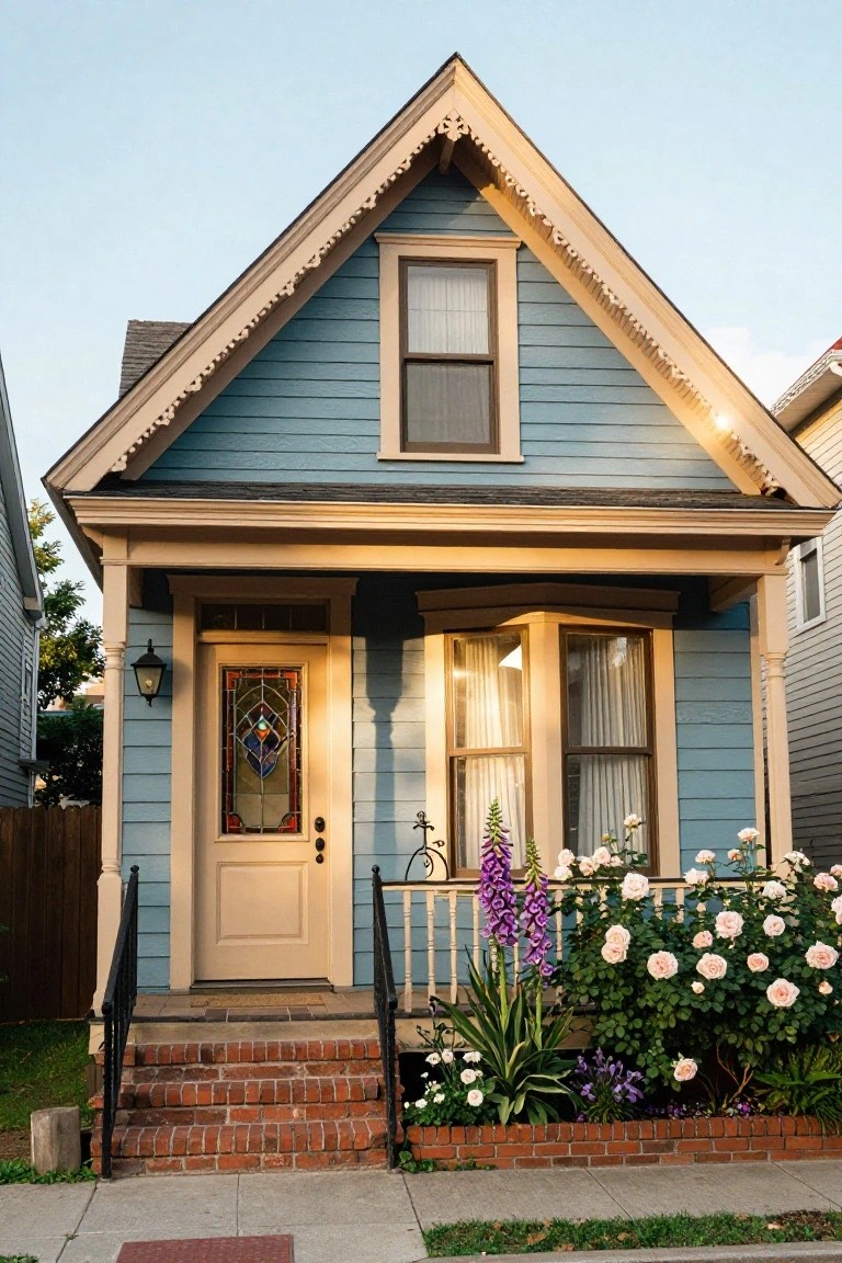 Light blue house with tan trim on porch and gables, stained glass front door, bay window, brick steps, and flower garden in front.