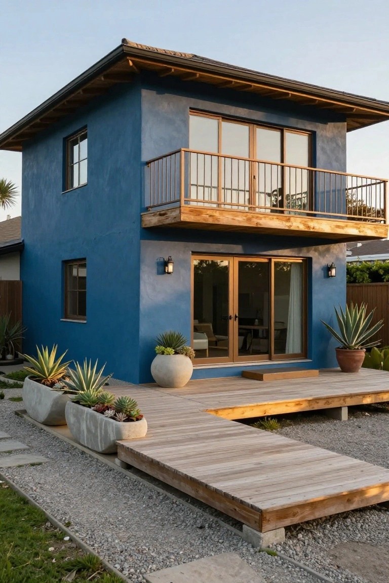 A two-story blue stucco house exterior featuring a wooden balcony with railing, elevated wood deck, glass sliding doors, lantern lights, and potted agave and succulent plants on gravel alongside a wood walkway.