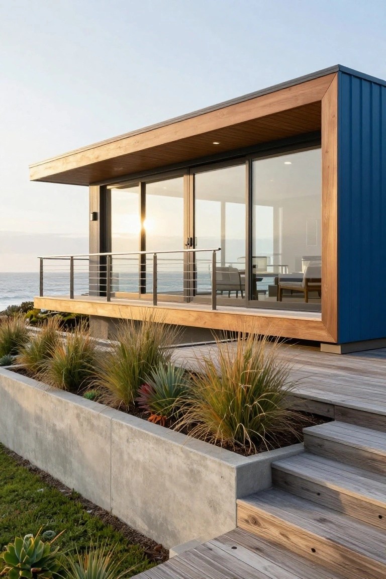 Modern house with blue corrugated metal siding, warm wood trim framing large glass doors and deck, set on a wooden platform overlooking the ocean with native plants in concrete planters below.