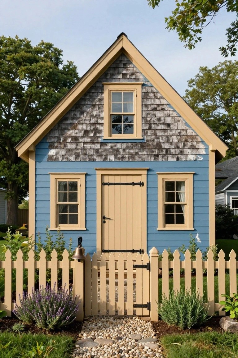 Small blue shingle-sided cottage with tan trim around double-pane windows and yellow wood entry doors, white picket fence, lavender plants, gravel path, and surrounding greenery.