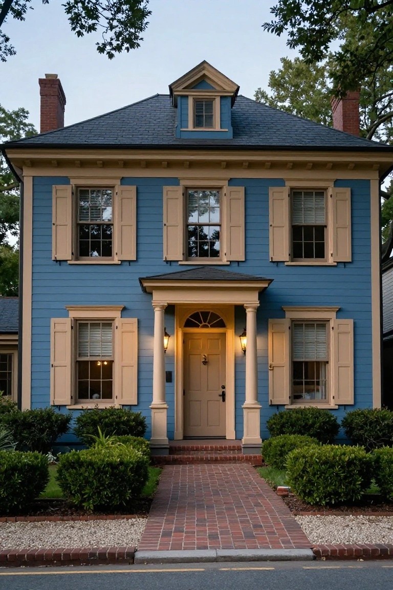 Two-story blue clapboard house with tan shutters, trim, and front porch supported by columns, boxwood shrubs on either side, and a brick pathway leading from the street.