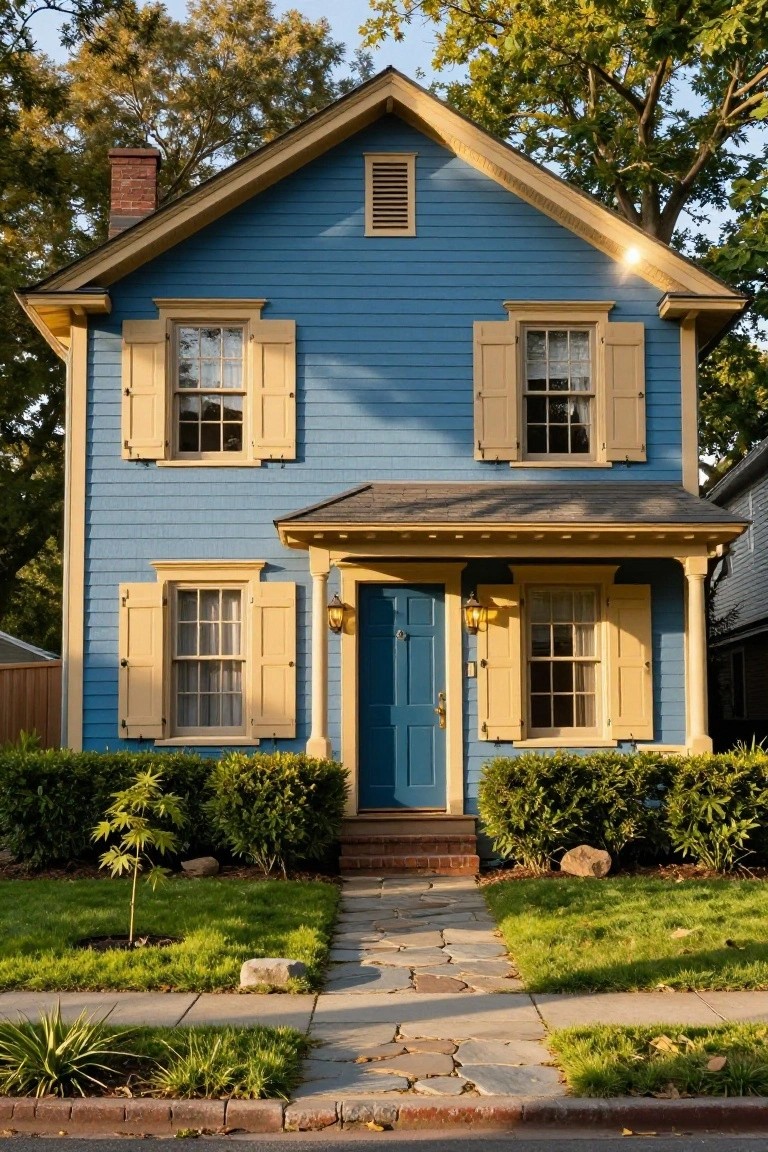Two-story blue clapboard house with yellow shutters, tan trim, covered front porch, blue front door, brick steps, stone walkway, and landscaped front yard with shrubs and grass.