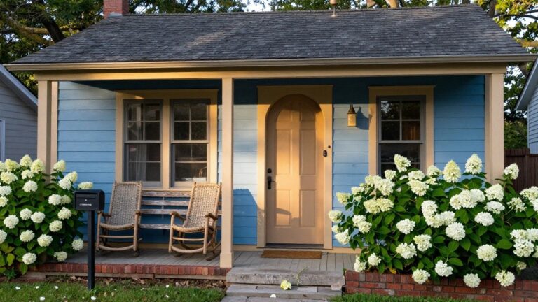 Small blue clapboard house with tan trim on porch posts and gables, beige front door illuminated by a wall lantern, black mailbox on post, wicker rocking chair on porch, and white hydrangea bushes by brick edging.