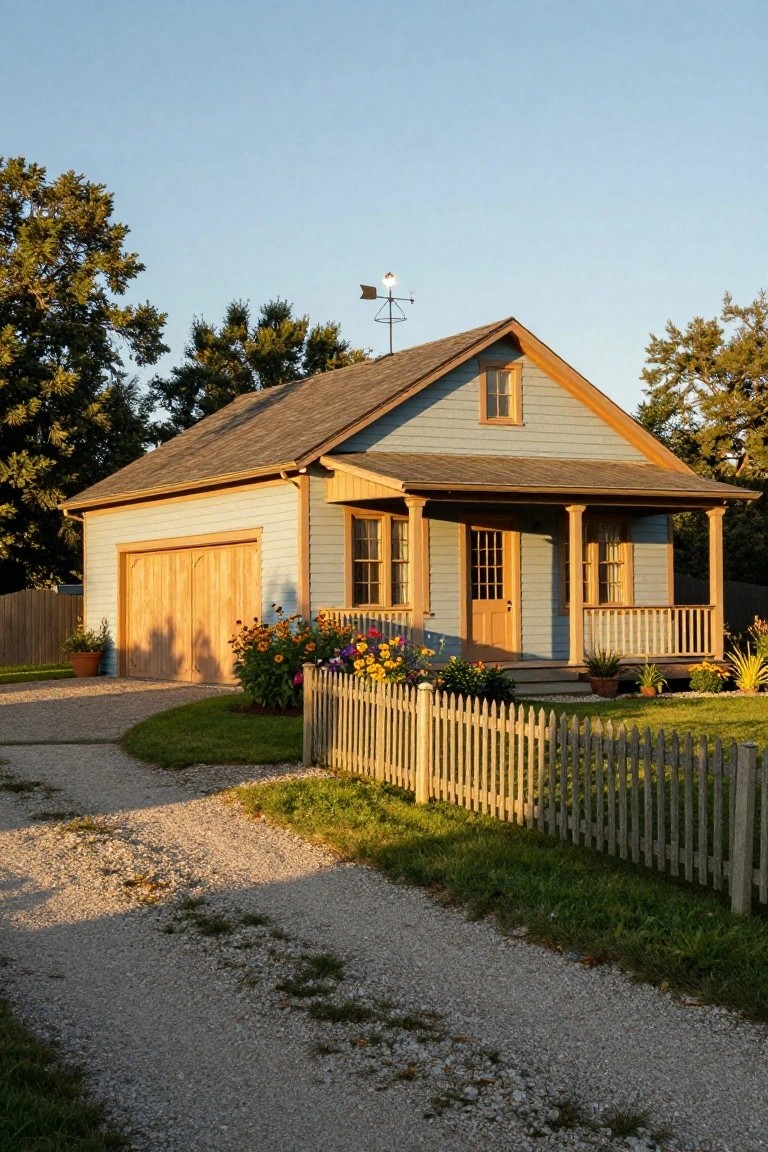 Light blue clapboard house with attached tan wooden garage door, covered front porch with columns, picket fence, flower beds, gravel driveway, and trees in late afternoon light.