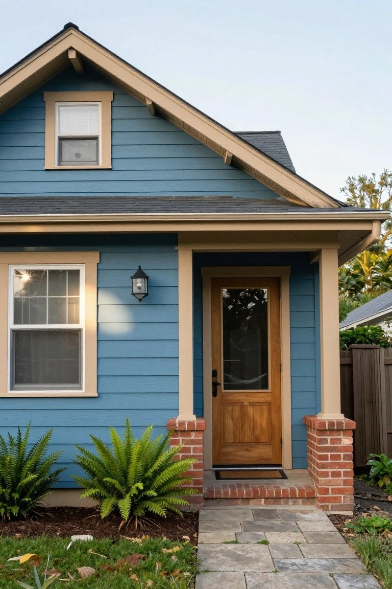 Front exterior of a blue clapboard house with tan porch trim, wooden door with glass panel, lantern light, double-hung window, brick piers, ferns, and stone walkway.