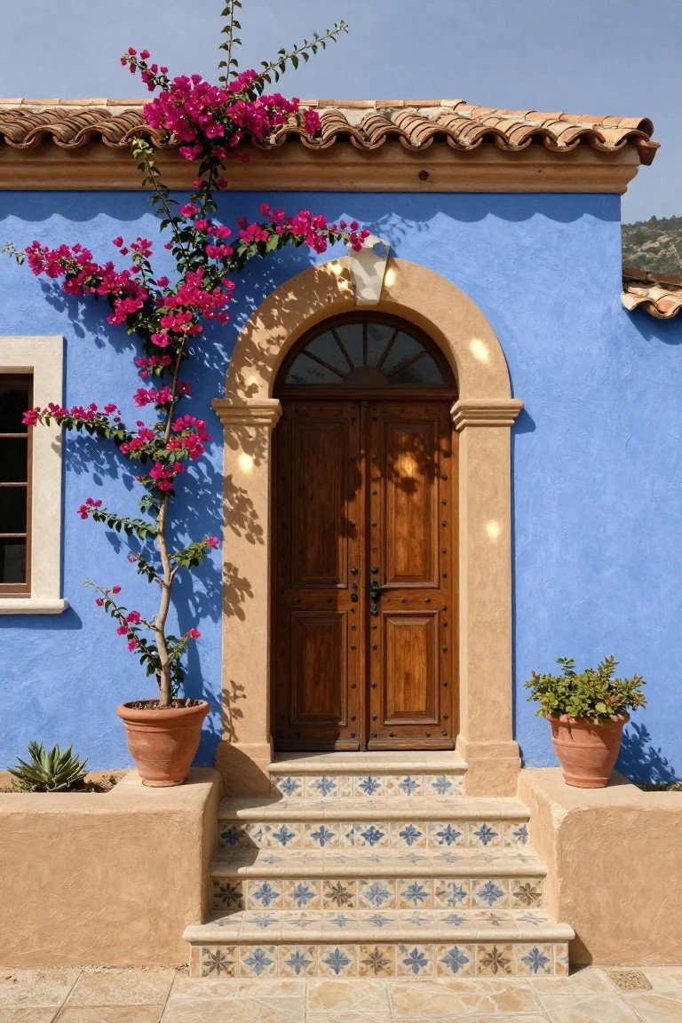 Blue stucco house wall with tan stone arched entryway containing wooden double doors, pink bougainvillea vines climbing the side, potted plants in terracotta pots, agave plant, and blue tiled steps.