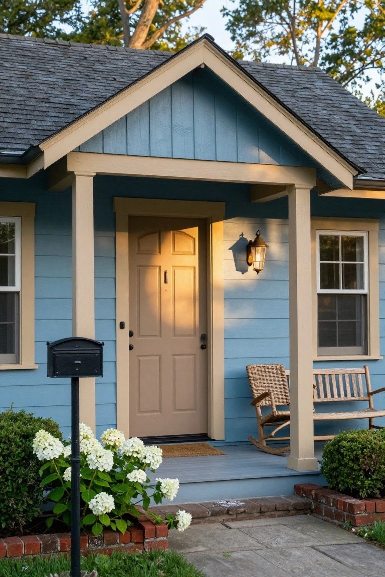 Small blue clapboard house with tan trim on porch posts and gables, beige front door illuminated by a wall lantern, black mailbox on post, wicker rocking chair on porch, and white hydrangea bushes by brick edging.
