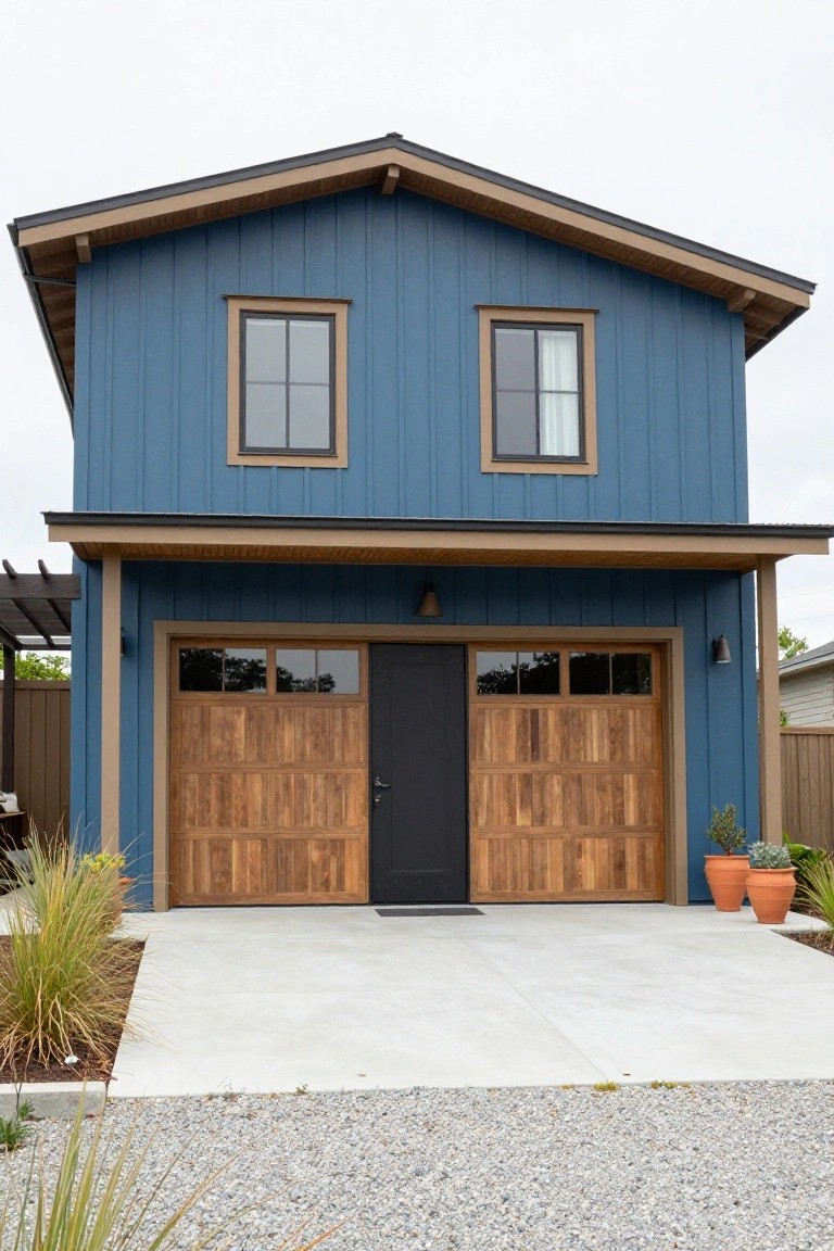 Front view of a two-story house with deep blue vertical siding, tan wood trim around windows and eaves, double wooden garage doors, concrete driveway, and sparse gravel landscaping with grasses and potted plants.