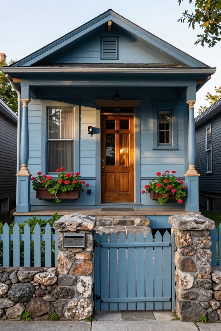Blue clapboard house with gabled roof and wraparound front porch featuring turned columns, wooden paneled front door, red geraniums in window boxes on the columns, and a matching blue picket fence gate flanked by stone pillars.