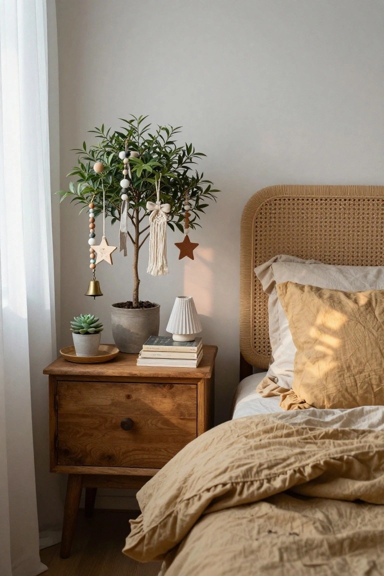 Bedroom corner showing a rattan headboard bed with beige linens, wooden nightstand with books, lamp, succulent, and a small potted tree decorated with beaded strands, wooden stars, macrame, and a bell, beside a window with sheer white curtains.