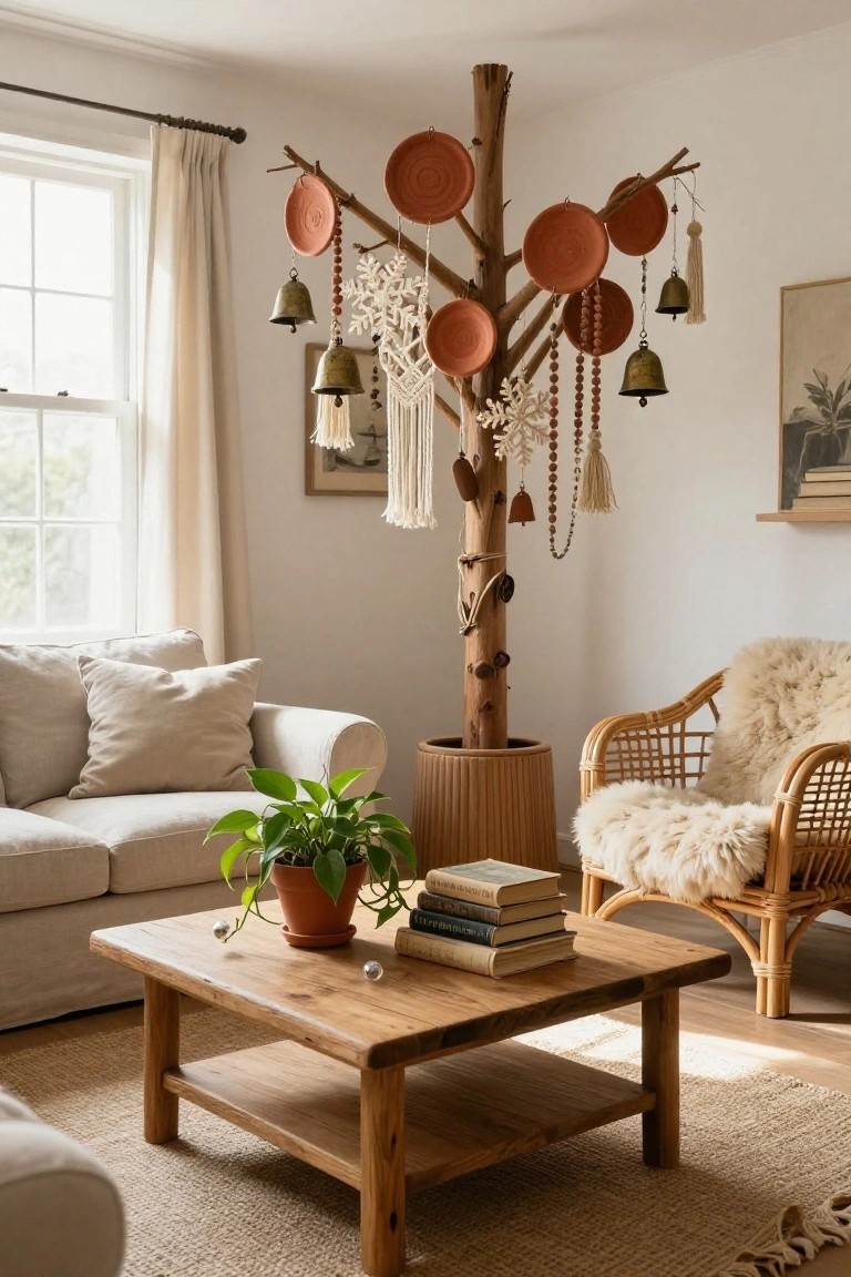 Living room interior with a tall wooden branch tree decorated with hanging terracotta plates, brass bells, macrame, beads, and snowflake shapes, positioned near a beige sofa, wooden coffee table with stacked books, potted plant, and rattan chair with sheepskin throw.