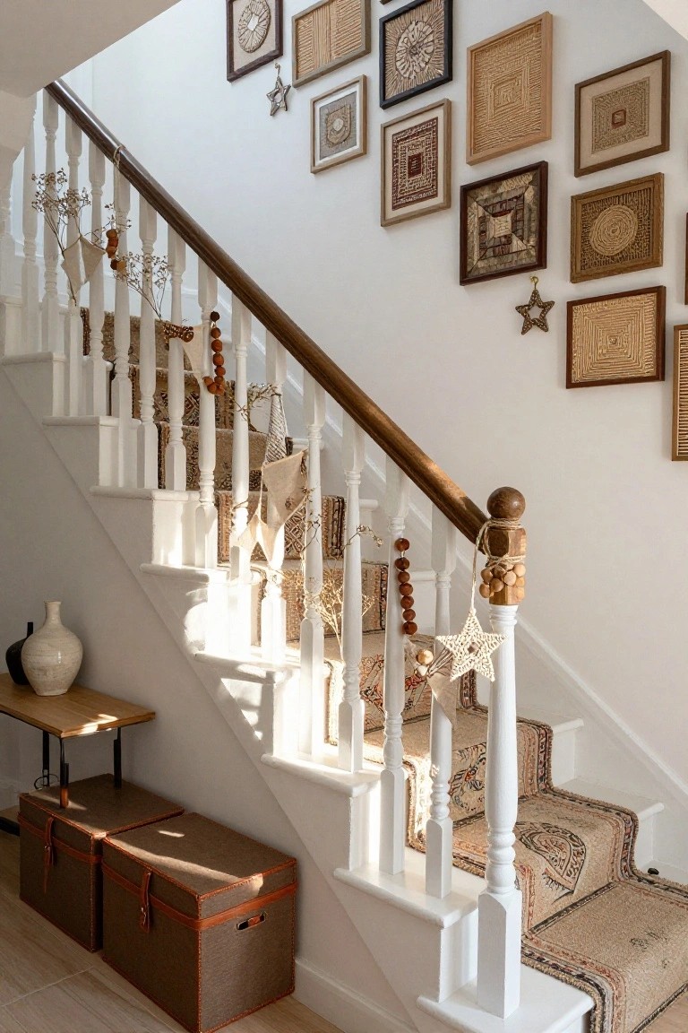 A sunlit white staircase with dark wood handrail decorated with hanging stars, wooden beads, fabric swags, and dried florals along the balusters, woven frames on the walls, and two leather trunks with a vase on a table at the base.