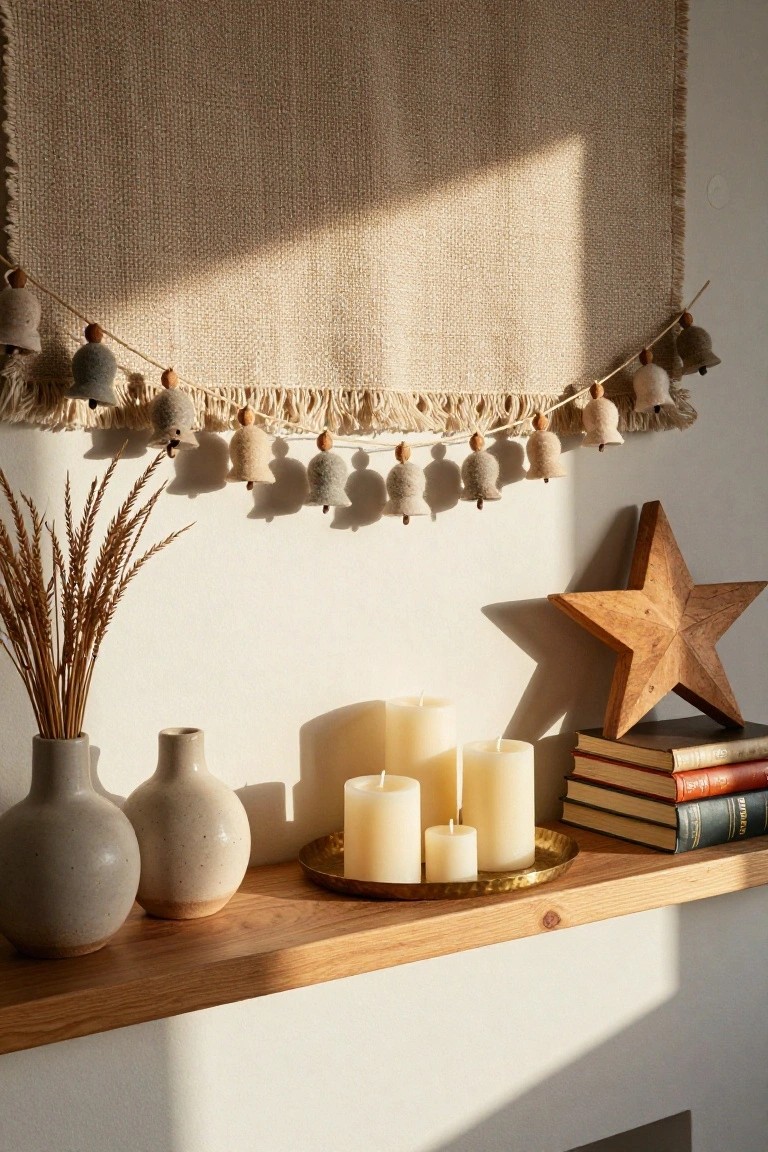 Beige woven wall hanging with fringed edges and a garland of gray felt bells, wool pom poms, and wooden beads draped across it, above a wooden shelf holding two gray ceramic vases with pampas grass, white pillar candles on a gold tray, stacked old books, and a wooden star.