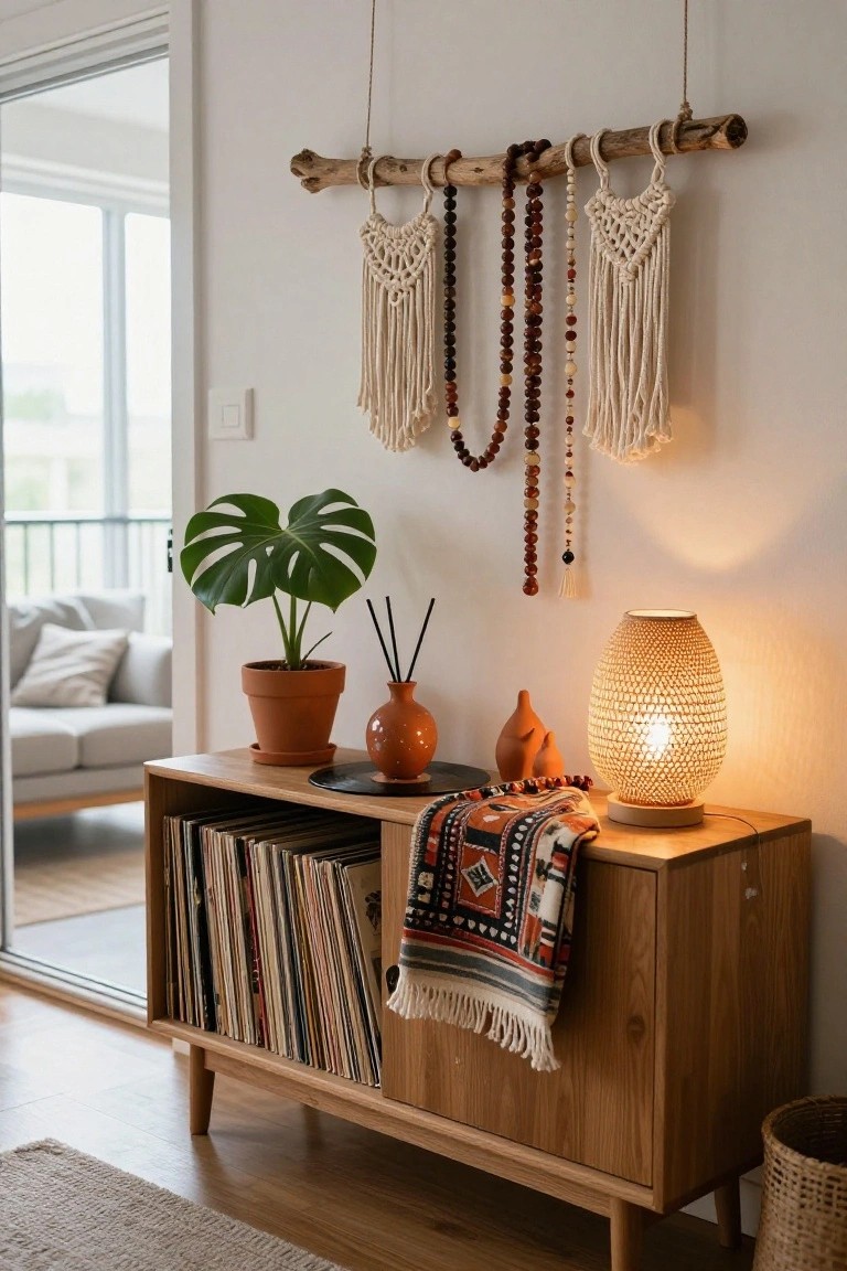 White interior wall with driftwood branch holding hanging macrame wall hangings and wooden bead strands above a wooden credenza topped with records, plants, terracotta pots, and a woven lamp.
