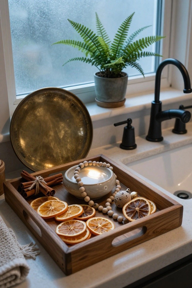 Wooden tray on kitchen counter holding dried orange slices, bundled cinnamon sticks, white ceramic candle holder with lit candle, beads, and small ornaments, near sink and fern plant by foggy window.