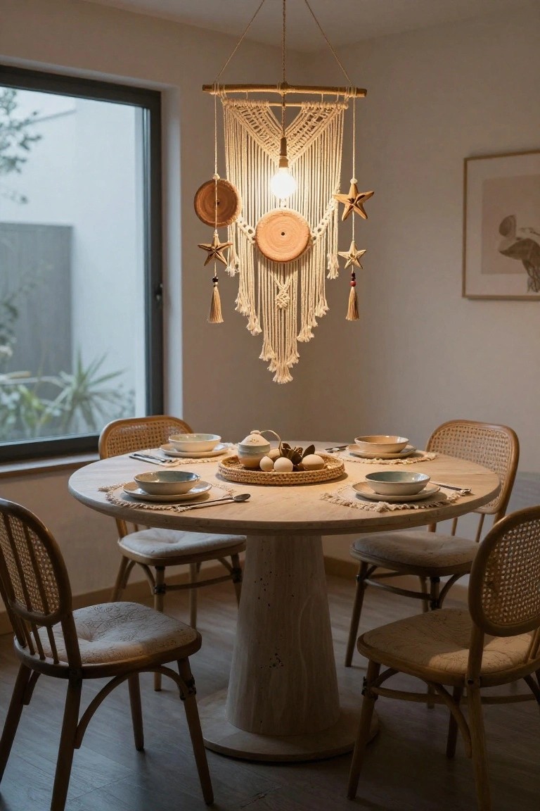 Macrame hanging light fixture with wooden star and circle ornaments above a round light wood dining table set with bowls, plates, and a basket of eggs in a room with rattan chairs and a large window.