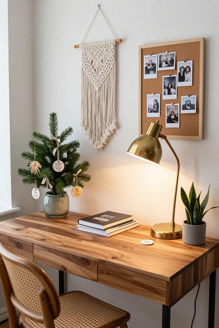 Small potted Christmas tree with wooden star and stripe ornaments next to a wooden desk, rattan chair, brass lamp, snake plant, macrame wall hanging, and corkboard with photos in a light room.