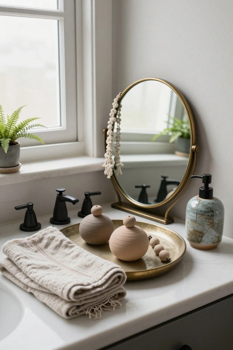 Bathroom vanity on white marble countertop with black faucets, gold tray holding beige ceramic spheres and wooden beads, round brass mirror with white beaded hanger, potted fern nearby, blue soap dispenser, and folded beige towel.
