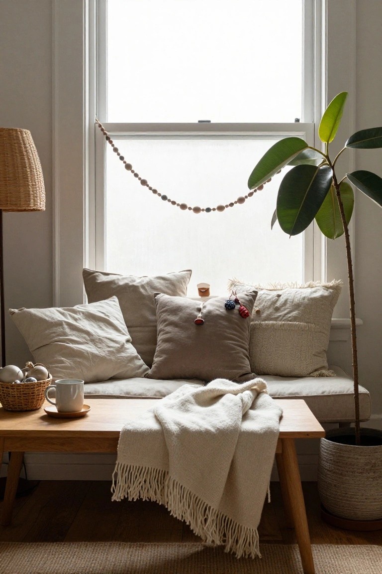Cozy living space with neutral pillows, a warm blanket, and a potted plant.