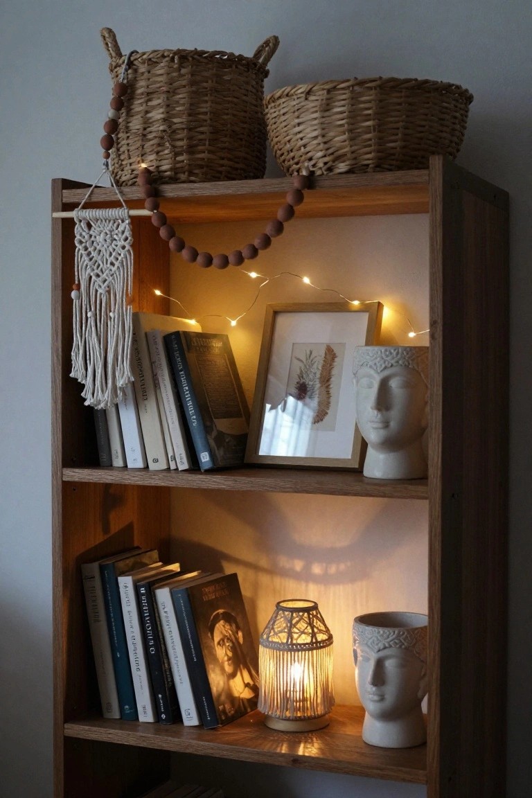 Wooden open bookshelf with stacked books, white ceramic Buddha head vases, lit woven lantern, draped fairy lights, macrame hanging, beaded garland, framed artwork, and woven baskets on top.