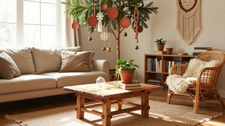 Living room interior with a tall wooden branch tree decorated with hanging terracotta plates, brass bells, macrame, beads, and snowflake shapes, positioned near a beige sofa, wooden coffee table with stacked books, potted plant, and rattan chair with sheepskin throw.